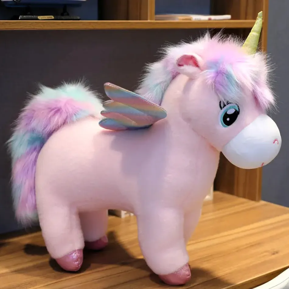 Online La compagnie de la peluche Peluche licorne arc-en-ciel rose avec ailes et corne dorée