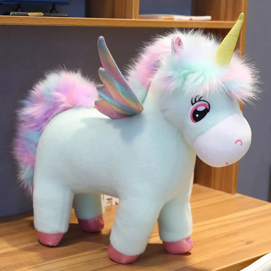 Online La compagnie de la peluche Peluche licorne arc-en-ciel bleu avec ailes et corne dorée